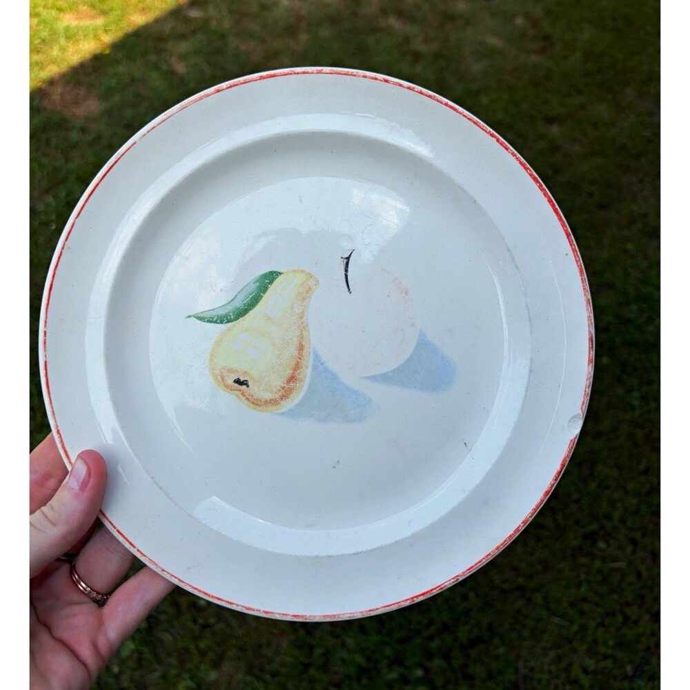 Bakerite Ceramic Fruit Pattern Plate White w/ Red Rim Round Made in USA